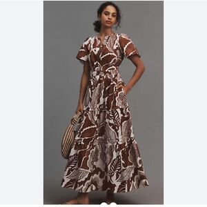 Anthropologie Brown and White Leaf Print Dress Somerset Maxi Dress